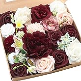 Floroom Burgundy Artificial Flowers Marsala Fake Roses Peonies Dahlia Greenery Combo Box Set for DIY Dark Red Wedding Bouquets Bridal Shower Centerpieces Floral Arrangements Party Tables Decoration