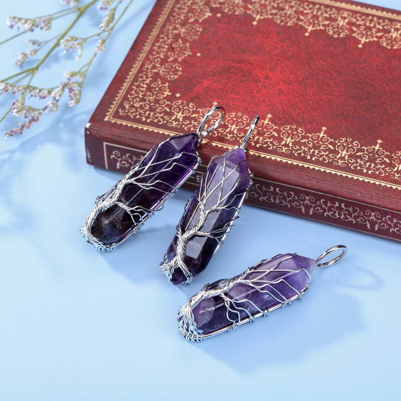 CrystalTears Amethyst Healing Crystal Stone Necklace Tree Life Wire Wrapped Natural Hexagonal Crystal Points Pendant Necklace Mothers Day Gifts for Mum Women Her Wife Girlfriend - Image 4