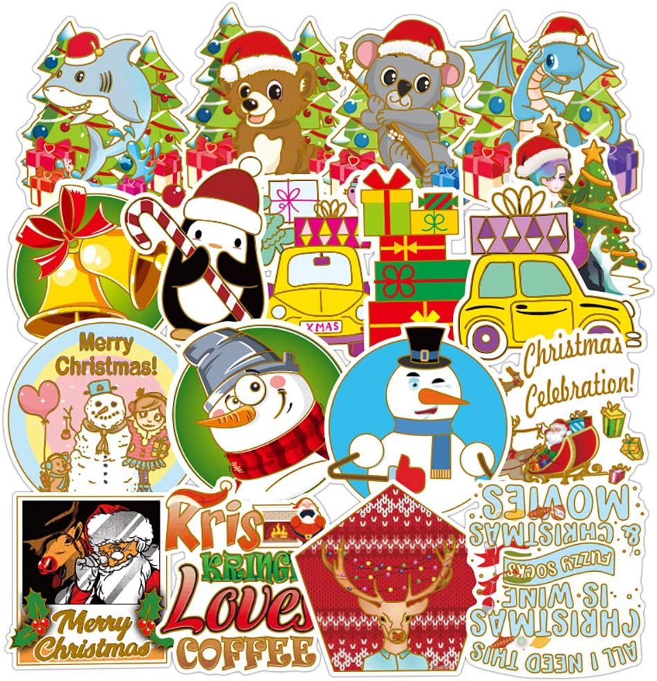 Christmas Stickers for Decoration DIY 53Pcs Vinyl  Waterproof Santa Elk Snowman Stickers for Envelopes Gifts Tags Crafts Windows Snowboard Scrapbooking Laptop Party Favors