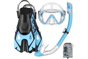 FORSHINE Snorkeling Gear Set for Adults – Dry Top Snorkel Set, Panoramic Anti-Fog Mask, Adjustable Swim Fins – Travel Diving Kit with Storage Bag