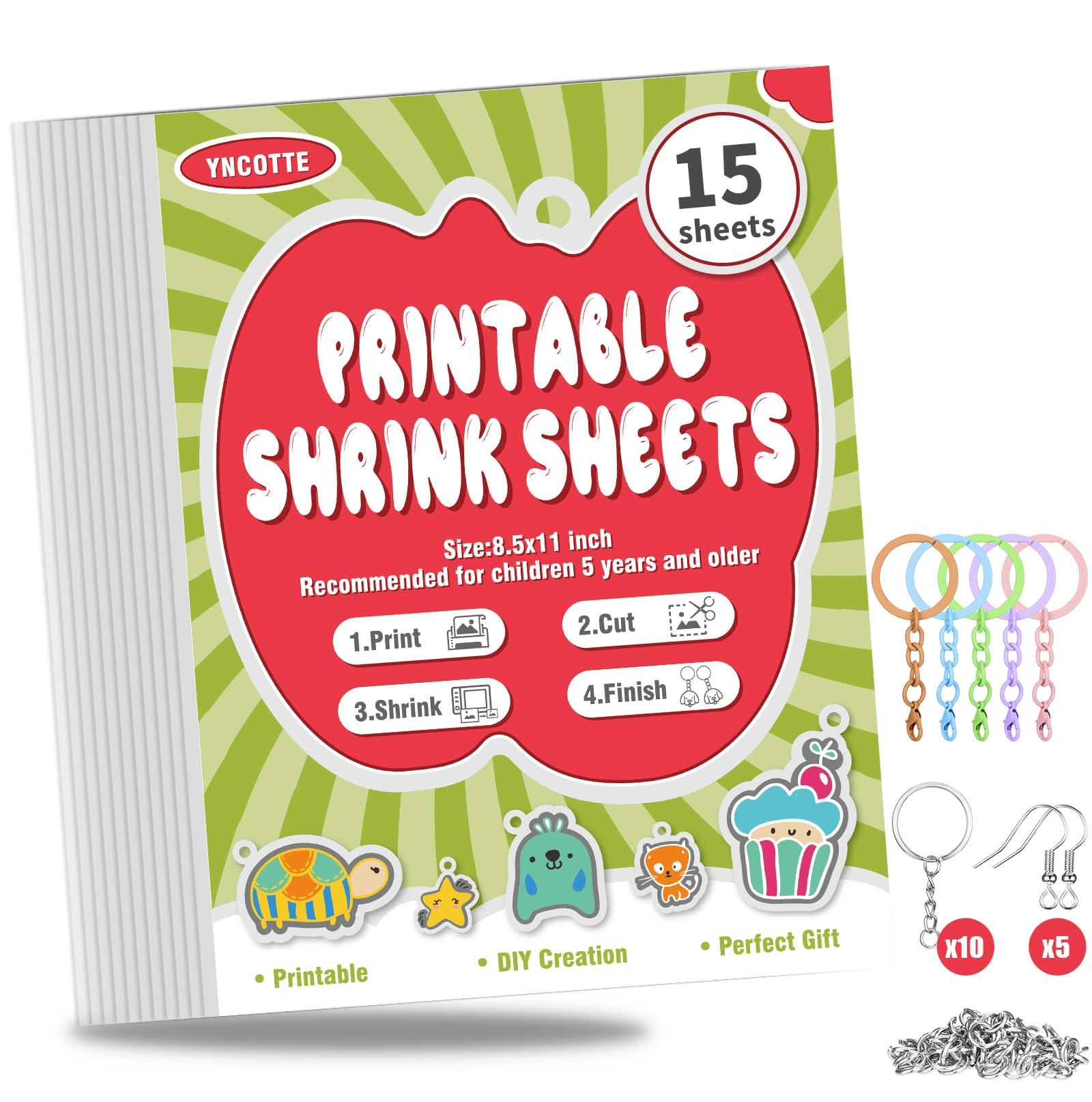 Photo 1 of 15 Pcs Printable Shrinky Dink Sheets, Safe Printable Shrink Plastic Sheet Films Paper Set with Key Rings, Earring Accessories for Mother's Day, Father's Day Gifts (8.5 x 11 inch)
