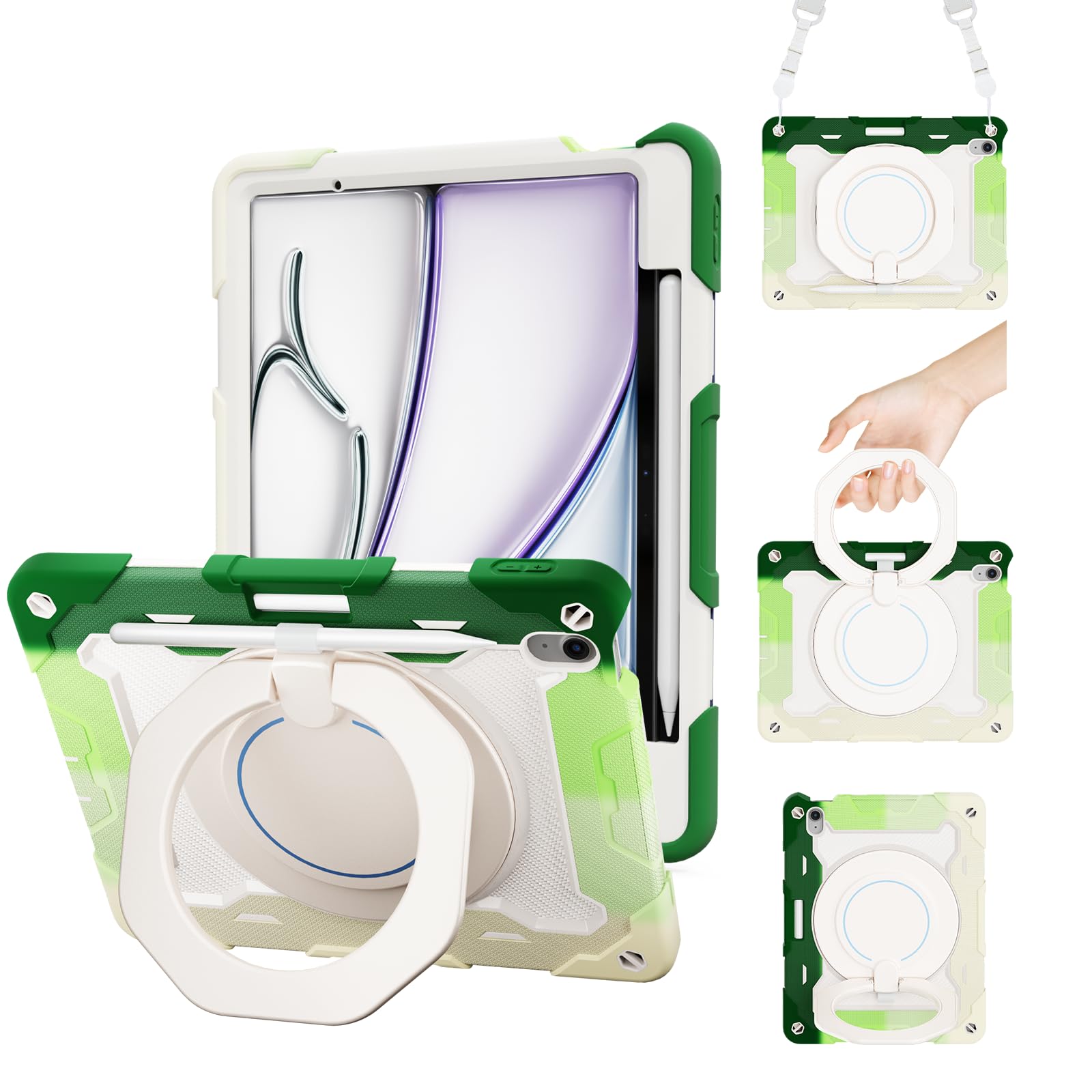 Photo 1 of ACEMO for iPad Air 13 Inch Case M3 2025 & iPad Air 13 Inch M2 2024 with Pencil Holder/ 360° Rotating Kickstand/Grip Handle/Shoulder Strap for Kids Girls Heavy Duty Rugged Protective Cover, Green