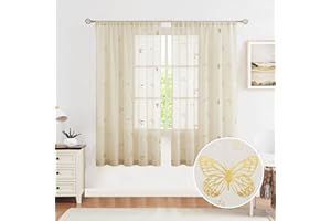 Jubilantex Butterfly Sheer Curtain Panels for Girls Nursery Bedroom, Toddler Gold Print Linen Textured Voile Farmhouse Rod Pocket Window Drapes 63 Inch for Kids Room, 2 Panels, Ivory/Beige