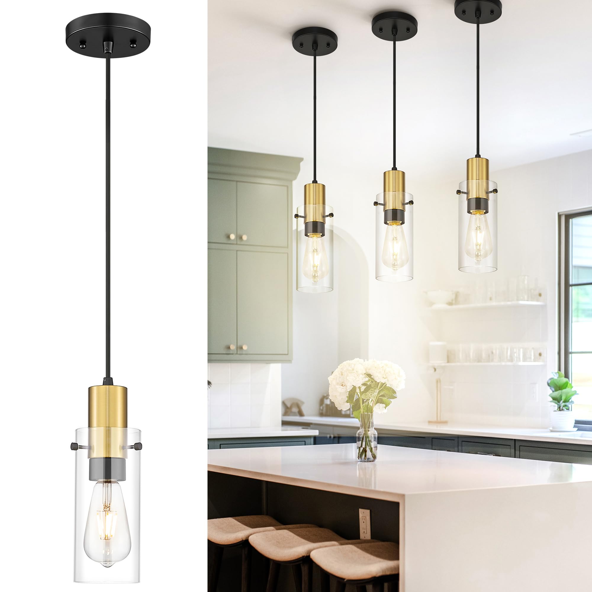 Photo 1 of Emak Modern Black and Gold Pendant Lights Kitchen Island, Mini Farmhouse Pendant Light with Clear Glass Shade for Bedroom, Kitchen, Dining Room, PL120-BKBGD