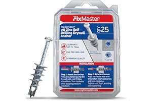 FixMaster Zinc Plaster Bite Self-Drilling Drywall Anchors w/Screws (25 Anchors & 25 Screws) – Heavy Duty Zinc Hollow Wall Anchor Kit for 3/8", 1/2", 5/8" Drywall – 75 lbs Holding Strength