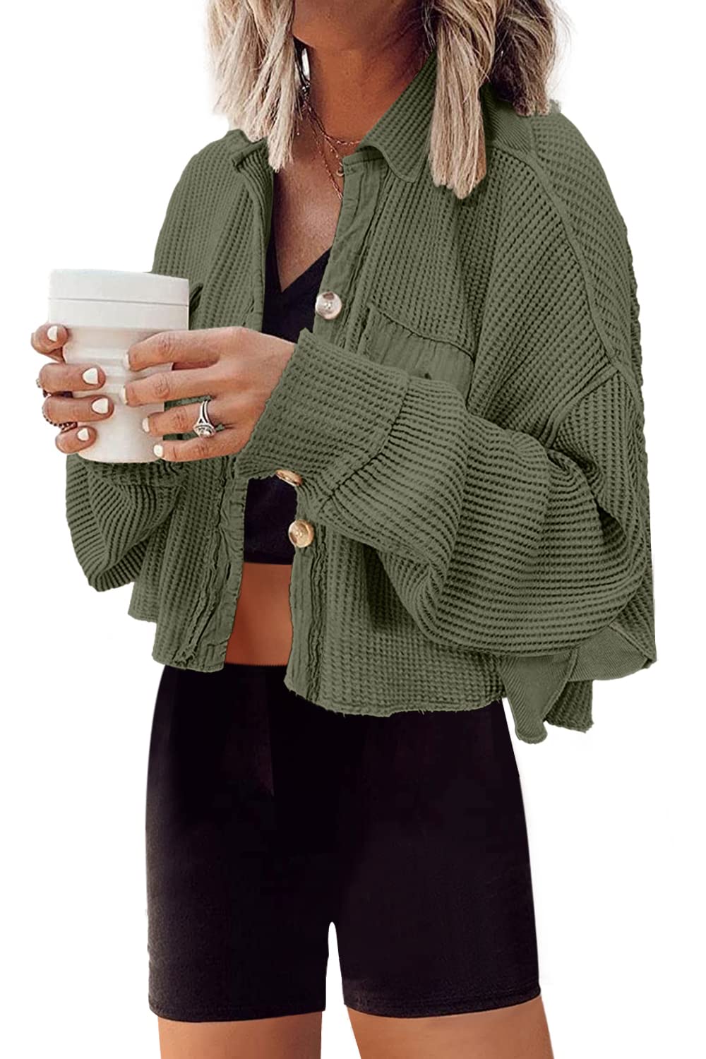 Photo 1 of **missing buttons on wrist** Panadila Women's Cropped Waffle Knit Shacket Short Button Down Jacket Batwing Sleeve Shirts with Pocket(Army Green,M)