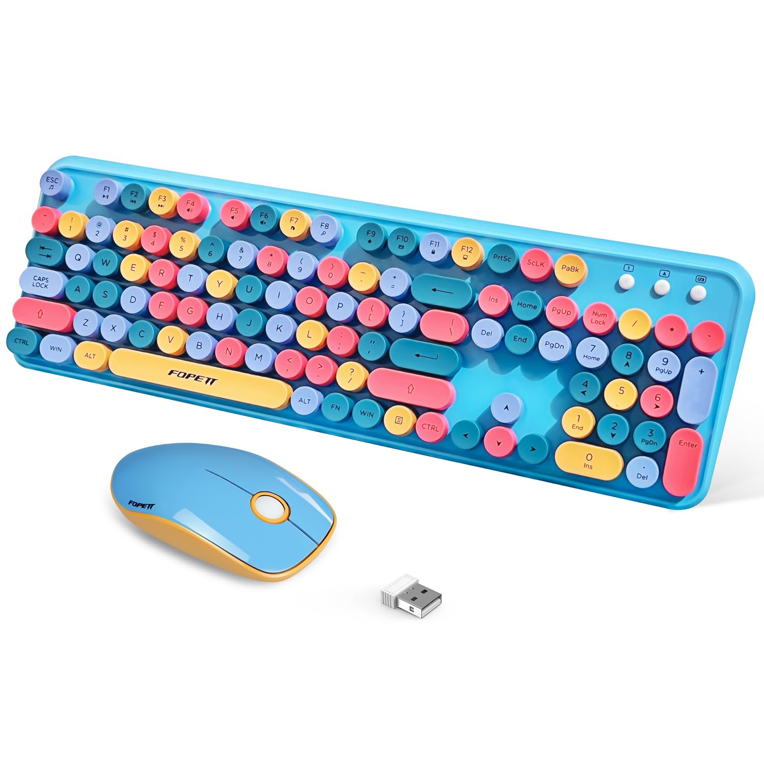 Photo 1 of FOPETT 2.4GHz Wireless Keyboard and Mouse Set with Switch Button - Full-Size Keyboard - Compatible for Windows/Laptop/PC/Notebook/Smart TV and More - Blue Colorful