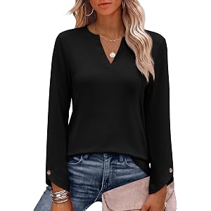 ANRABESS Womens Long Sleeve Shirts V Neck Top | Split Button Cuff, Soft Comfy Solid & Floral Print Tee, Business Casual Work