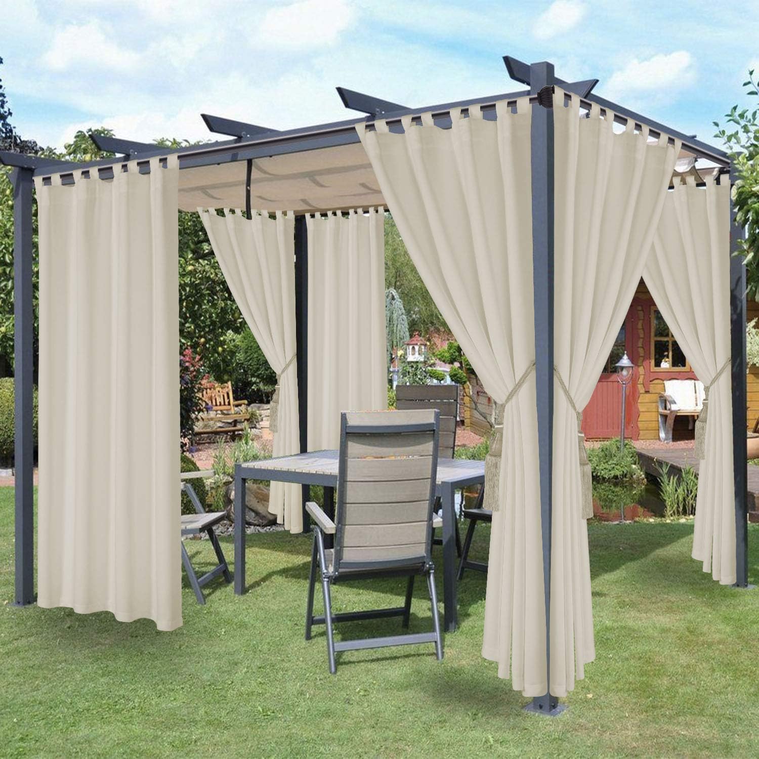 Outdoor Curtains - LORDTEX Waterproof Indoor/Outdoor Curtains for Patio - Thermal Insulated, Sun Blocking Detachable Sticky Tab Top Blackout Curtains for Bedroom, Porch, Pergola, Cabana, 52 x 84 inch, 2 Panels, Vanilla