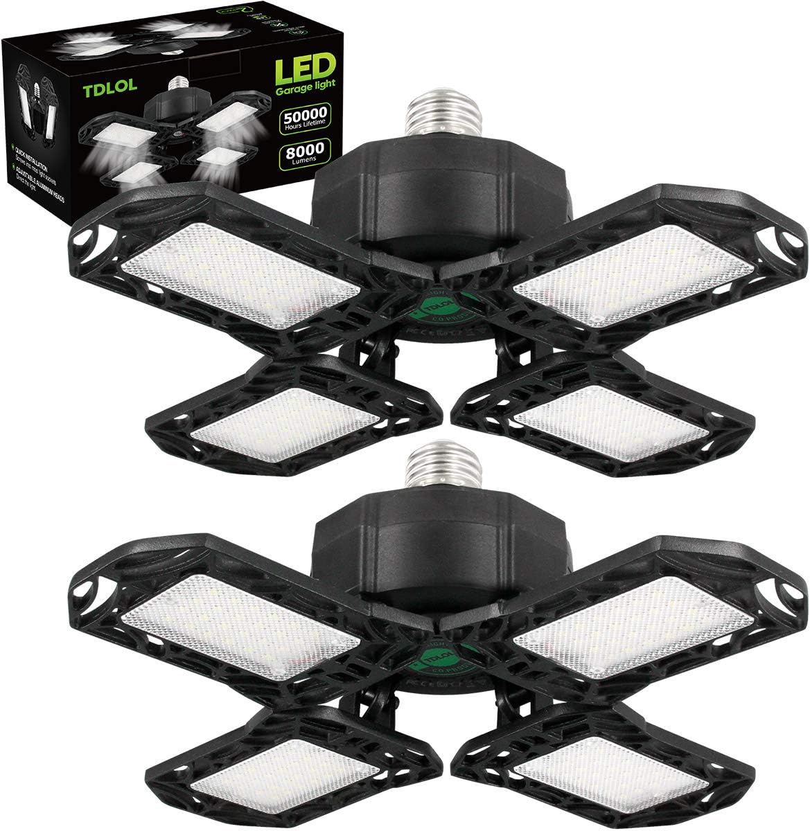 Led Garage Lights, 100W Garage Lighting 12000Lm 6500K E26/E27 Daylight White Deformable Four Leaf Garage Light Ceiling Led Shop Lights Super Bright Garage Light Bulb for Workshop Barn 2 Pack - - 