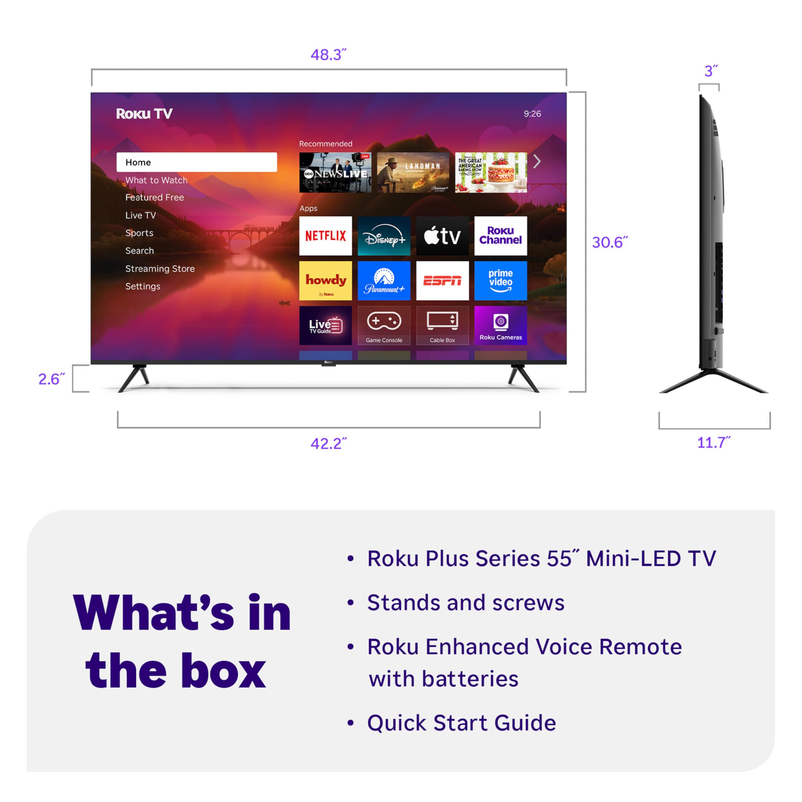 Roku Smart TV 2025 – 55-Inch Plus Series, Mini-LED TV – RokuTV with Enhanced Voice Remote – Flat Screen 4K QLED Television with Dolby Vision & Wi-Fi for Streaming Live Local News, Sports