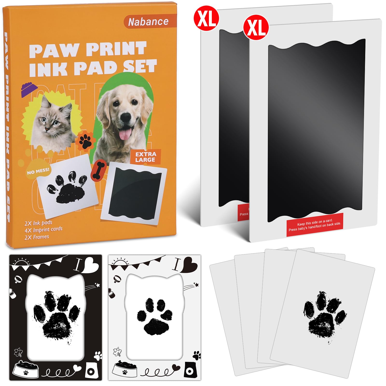 Nabance Paw Print Kit, Dog Nose Print Kit, 8 Pcs Baby Hand and Footprint Kit with Cute Pattern Photo Frames, No Mess Paw Print Stamp Pad for Dogs & Cats, Clean Touch Ink Pads, Family Keepsake