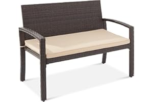 Best Choice Products Outdoor Bench 2-Person Wicker Garden Patio Benches Seating Furniture for Backyard, Porch w/Seat Cushion, 700lb Capacity - Brown/Tan