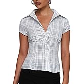Womens Button Down Shirts Short Cap Sleeve V Neck Collared Plaid Waisted Blouses Summer Casual Tops