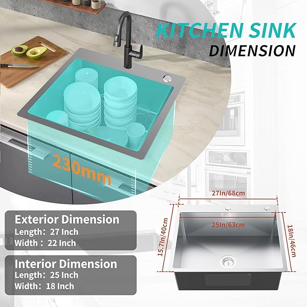 KITCHEN SINK, STAINLESS STEEL 27 X 22 INCH DROP IN KITCHEN SINK SINGLE BOWL TOP MOUNT KITCHEN SINK SET – SILICONE MAT AND DRAIN ASSEMBLY FOR MODERN KITCHEN STYLISH AND FUNCTIONAL