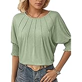 Am Direct Womens 3/4 Length Sleeve Tops Round Neck Pleated Dressy Casual Basic Shirts Tunic