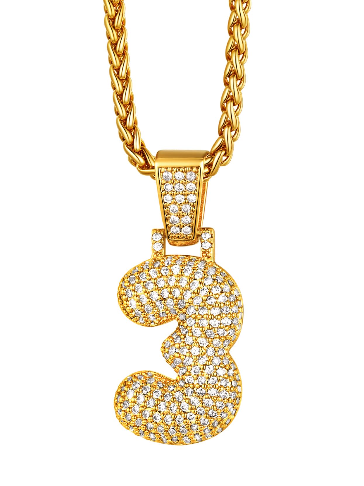 Richsteel Cubic Zirconia Number 3 Pendant Necklace Rapper Diamond Gold Chain Bubble Necklaces for Teenage Boys Men