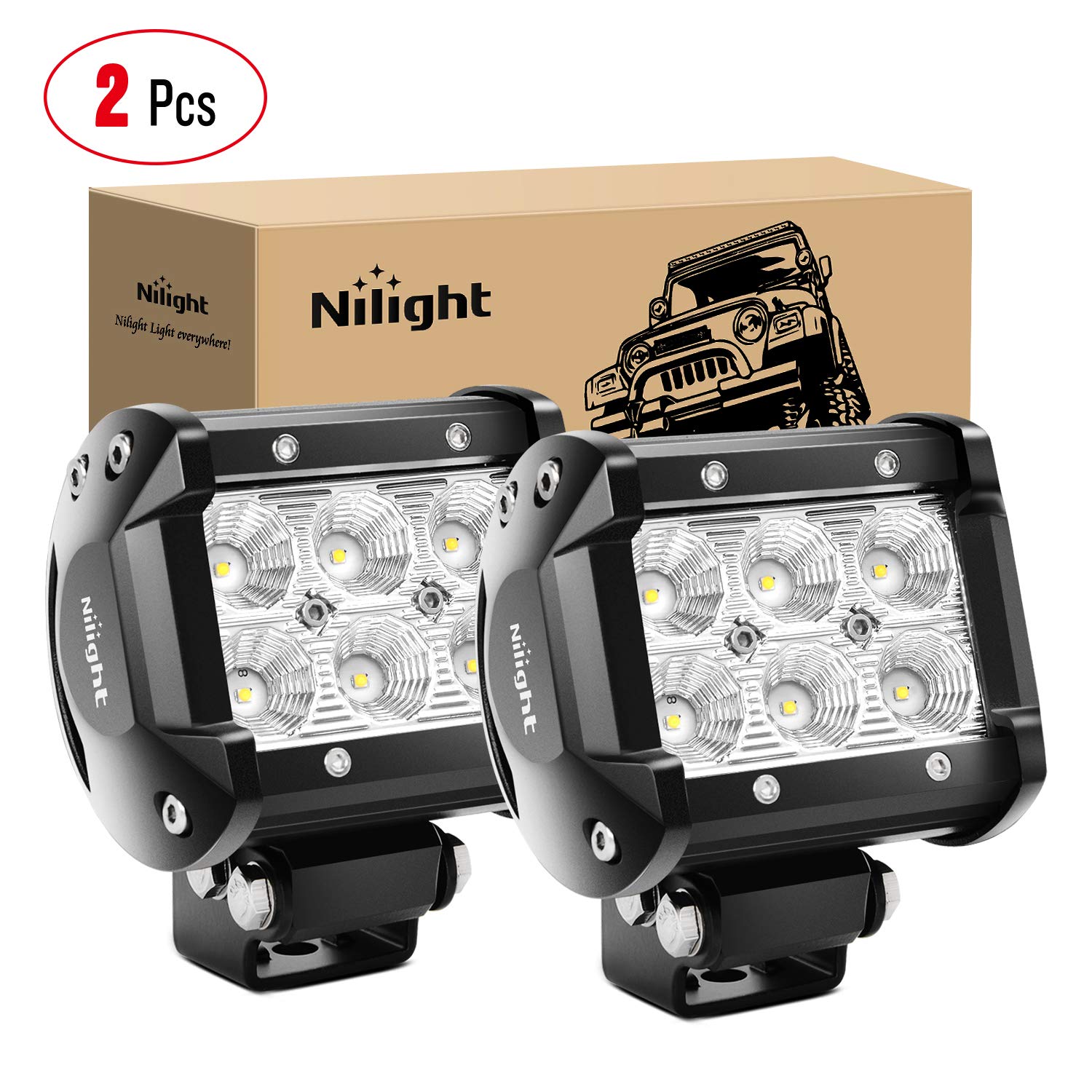 Nilight 60001FB Led Pods 2PCS 18W 1260LM Flood Led Off Road Lights