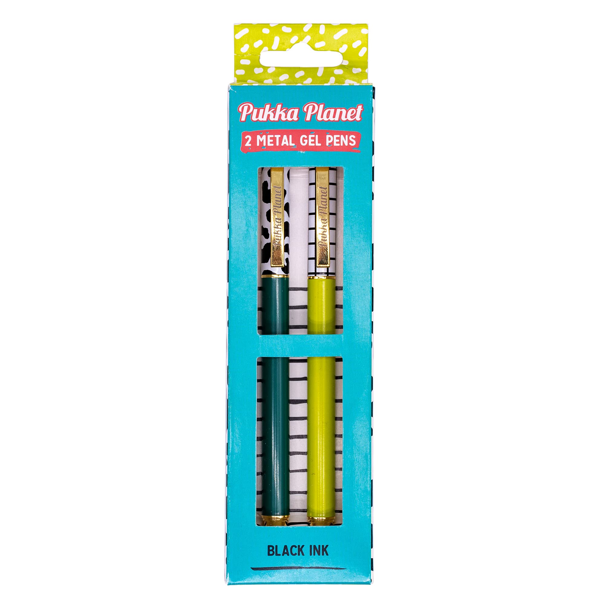 Pukka Pad, Pukka Planet Metal Pens with Refillable Gel Ink in Plastic Free Packaging - Perfectly Weighted with Smooth, Precise Black Ink, and Removable Cap – Pack of 2, Blue and Green