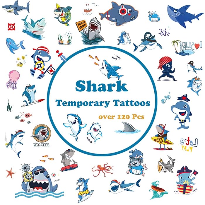 Shark Temporary Tattoos for kids, Shark Fake Tattoo for Shark Themed Party, Birthday Party Favor Supplies 120 Pcs