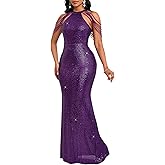 Cololura Women Sexy Elegant Sequin Tassel Off Shoulder Halter Bodycon Maxi Dress Party Evening Gown Formal Dress
