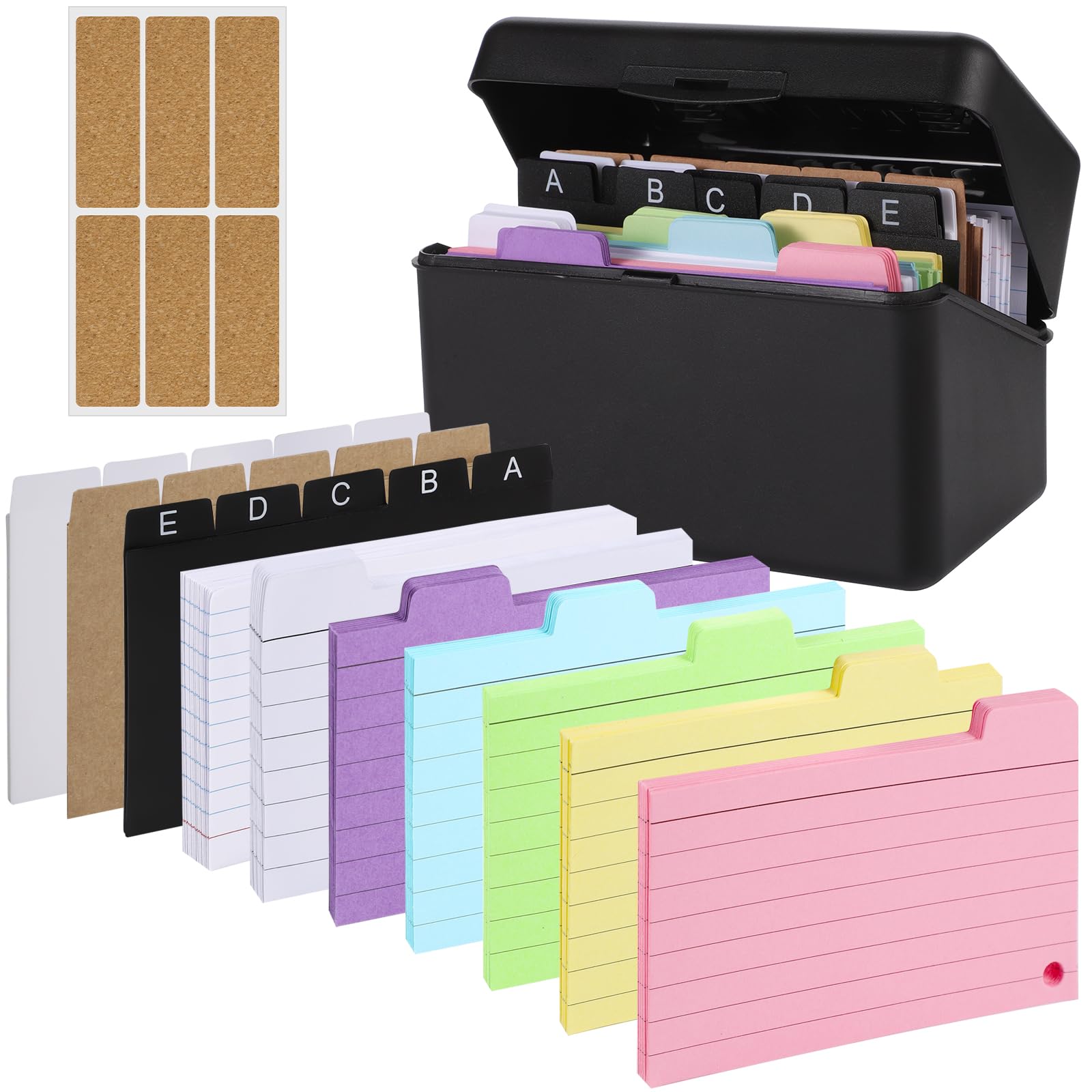 Index Card Box Set, 15x9,5x8,5cm Plastic Flashcard Organiser Revision Cards Holder - 230 Coloured Flash Cards 15 Card Dividers and Box Set for Study Office School Supplies