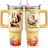 40oz Squirrel Stainless Steel Tumbler with Handle and Straw, Insulated Cup Travel Coffee Mug Water Bottle with Lid and Straw, Animal Lovers Women Gifts