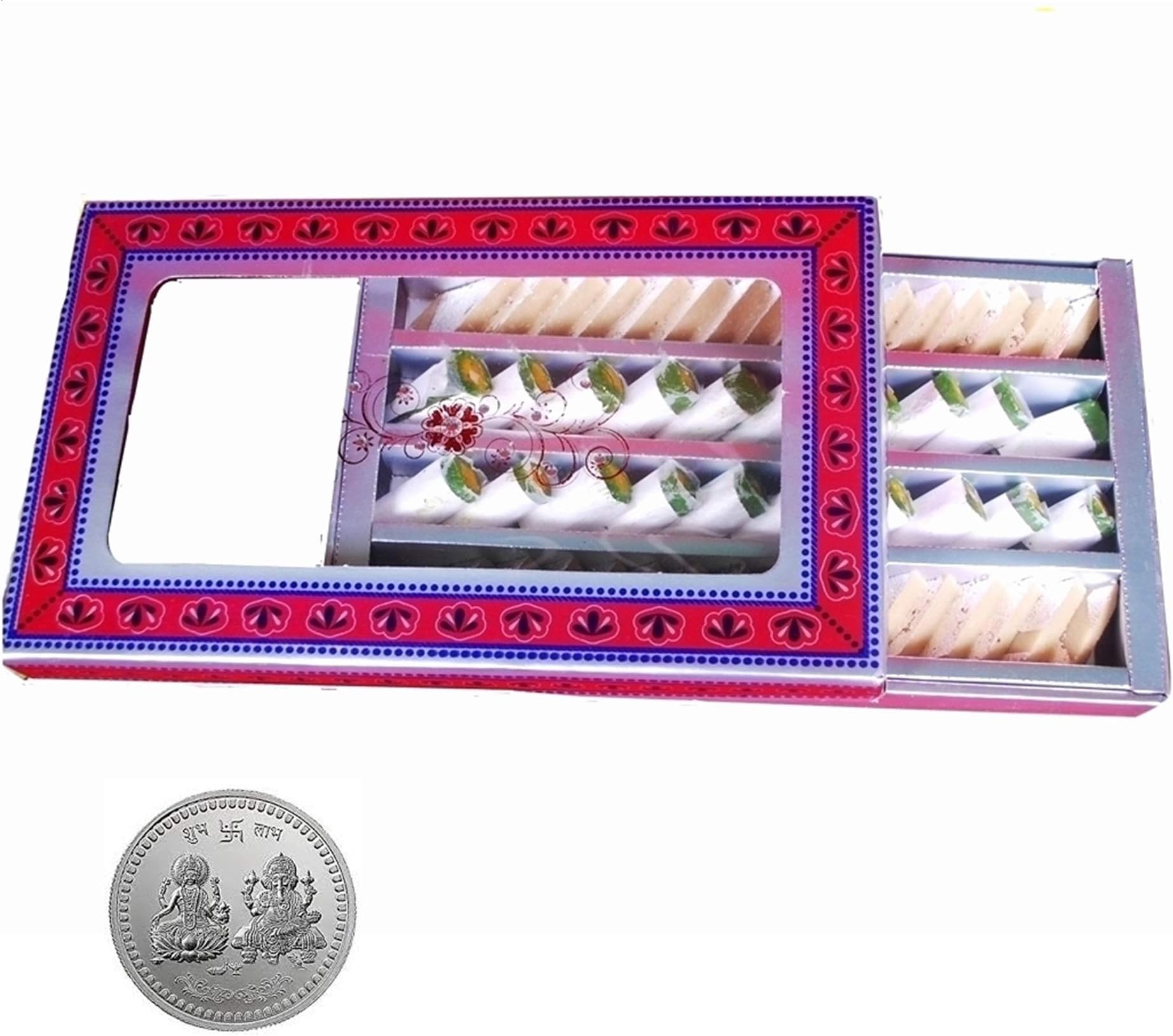 Ghasitaram's - Indian Diwali Festive Gift Box - Diwali Special Kaju katli and Pista Roll with Silver Plated Coin, Traditional Indian Sweets in Gift Box