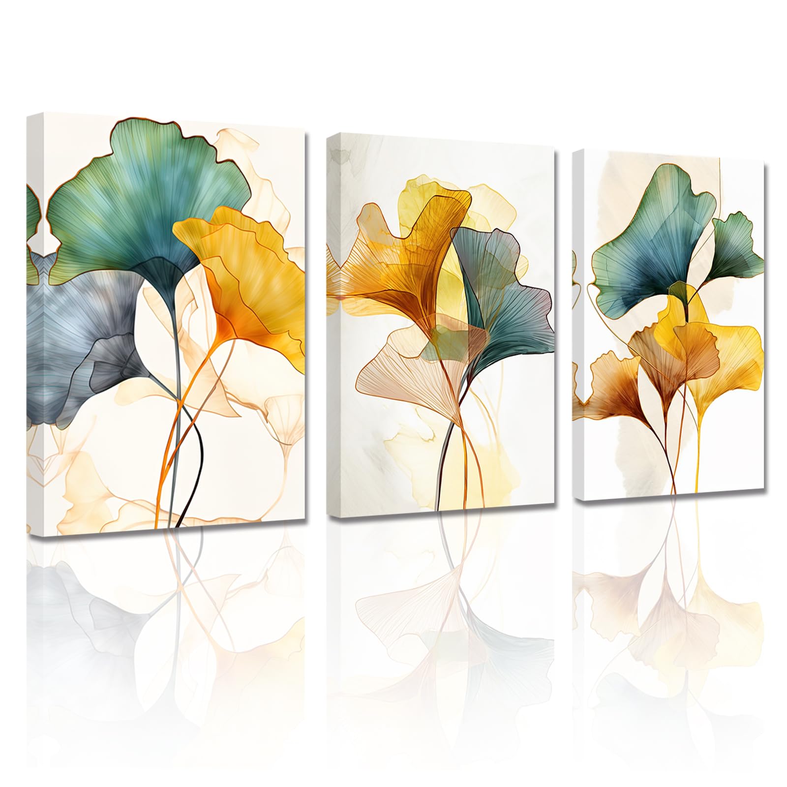 LZIMU Abstract Canvas Wall Art 3 Panels Green Yellow Gold Ginkgo Biloba Leaf Picture Prints Nordic Painting for Bedroom Home Decor Framed (Abstract-1, 11"x14"x3P)