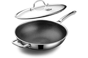 Wok pan,Hybrid 12Inch (30cm) Wok with Lid, PFOA Free Cookware,Non Stick Stainless Steel Woks & Stir-Fry Pans Nonstick, Dishwa