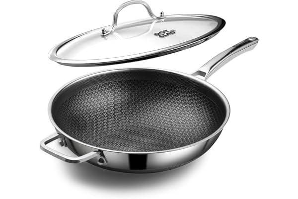 Wok pan,Hybrid 12Inch (30cm) Wok with Lid, PFOA Free Cookware,Non Stick Stainless Steel Woks & Stir-Fry Pans Nonstick, Dishwa