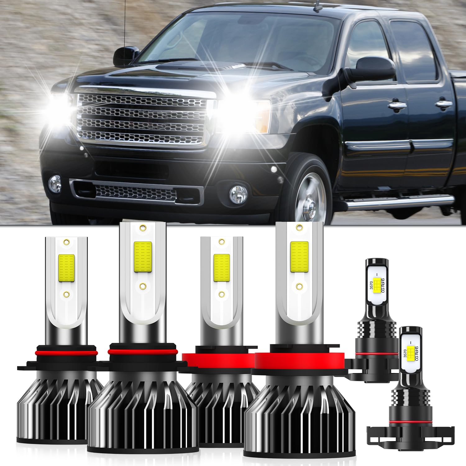 Photo 1 of XG Glitter Lights Compatible With GMC Sierra 1500 2007-2013, 9005/HB3/H10 High Beam H11/H8/H9 Low Beam H16 Fog Light Bulbs, 6500K White Light, Plug and Play,Pack of 6