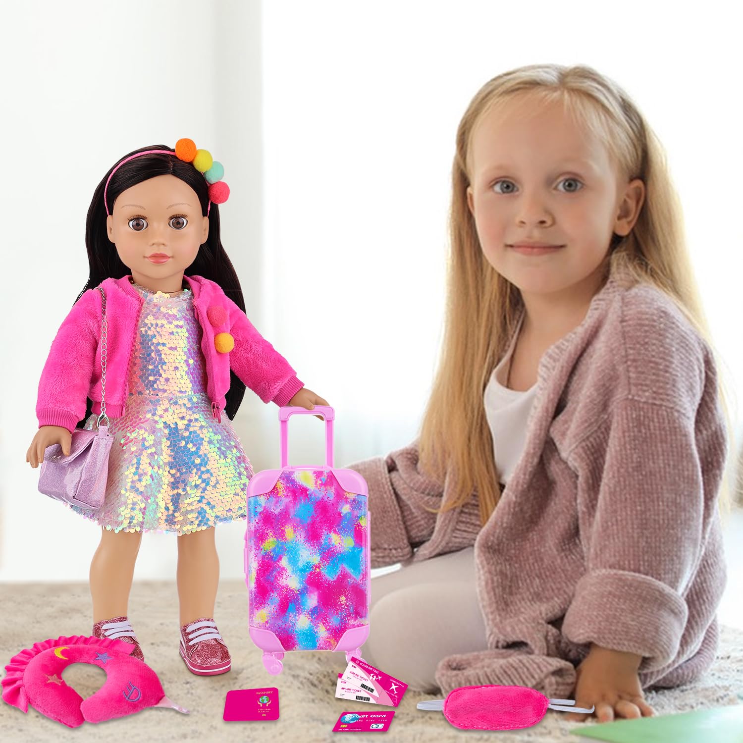 K.T. Fancy 18 Inch American Doll Clothes and Accessories, Doll Travel Suitcase Playset for Girls, Cute Travel Doll Clothes for 18 Inch Girl Doll(Not Include Doll & Shoes), Pink