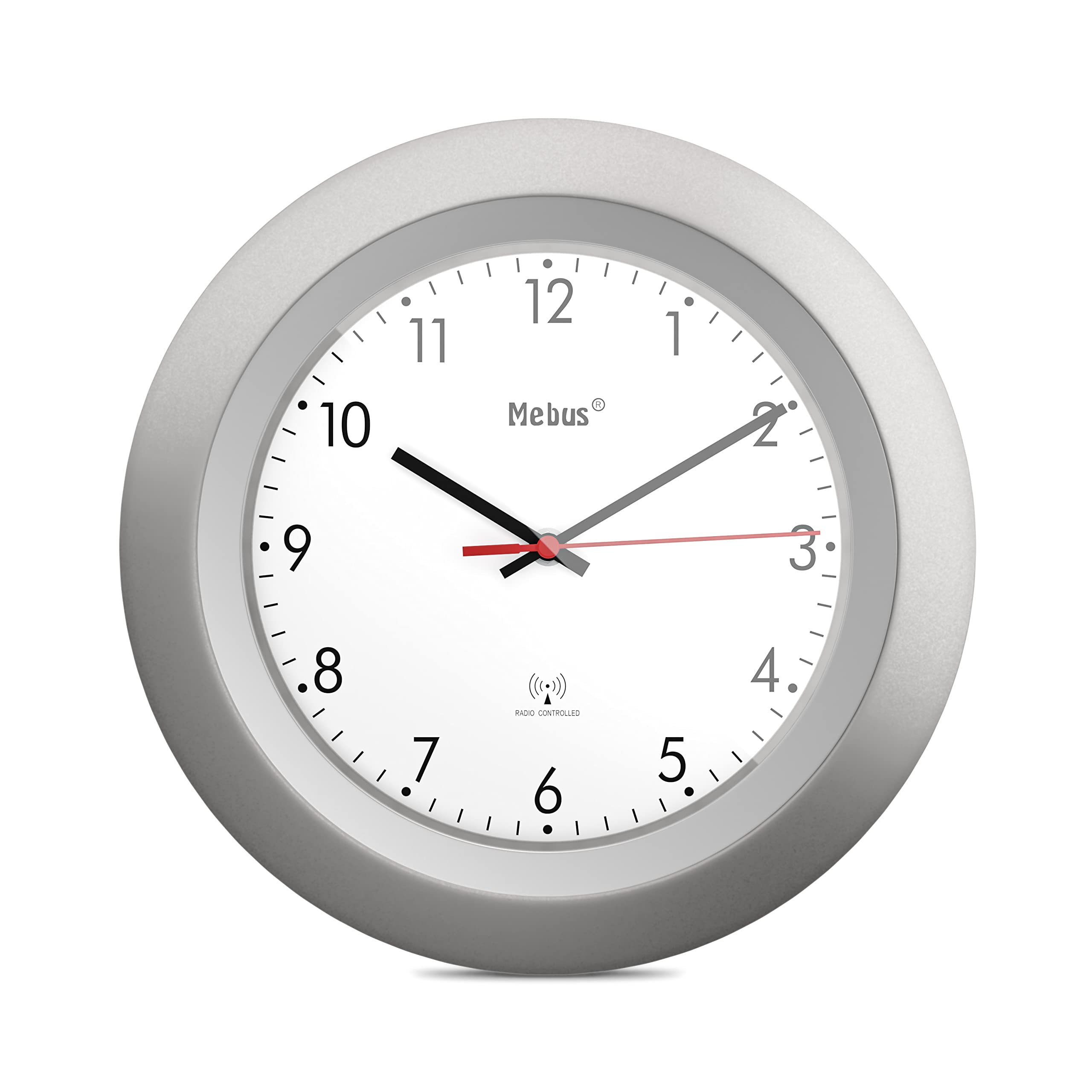 Mebus Radio Controlled Wall Clock, Classic Model, Silver Frame, White Dial, 29 cm Diameter, Round, Radio Controlled Clock (DCF77), Model: 19448, Colour: Silver, White — image 1