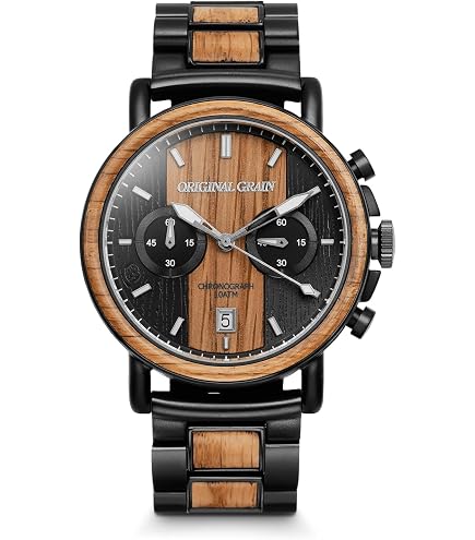 Original Grain Mens Watch 43mm Black Dial Wood Bracelet New Battery 7.25\