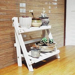 Doolland 2 Tier Plant Stand Flower Ladder Folding Display Shelf Planter Pots Organiser Garden Shelves Steps Shabby Chic Country for Indoor Outdoor Yard Garden Patio Balcony
