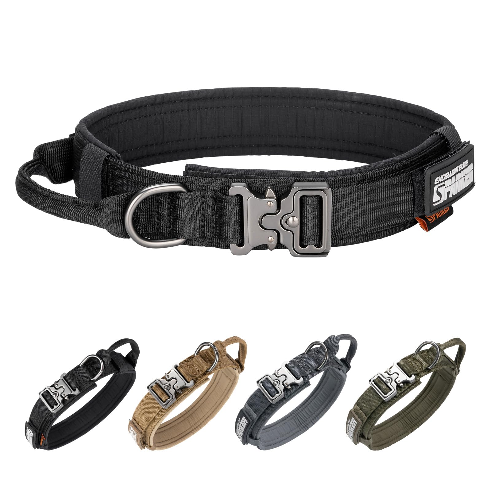 EXCELLENT ELITE SPANKER Tactical Dog Collar Nylon Adjustable Training Collar Military Dog Collar Heavy Duty Metal Buckle with Control Handle for Medium and Large Dogs with Patches(BLK-L)