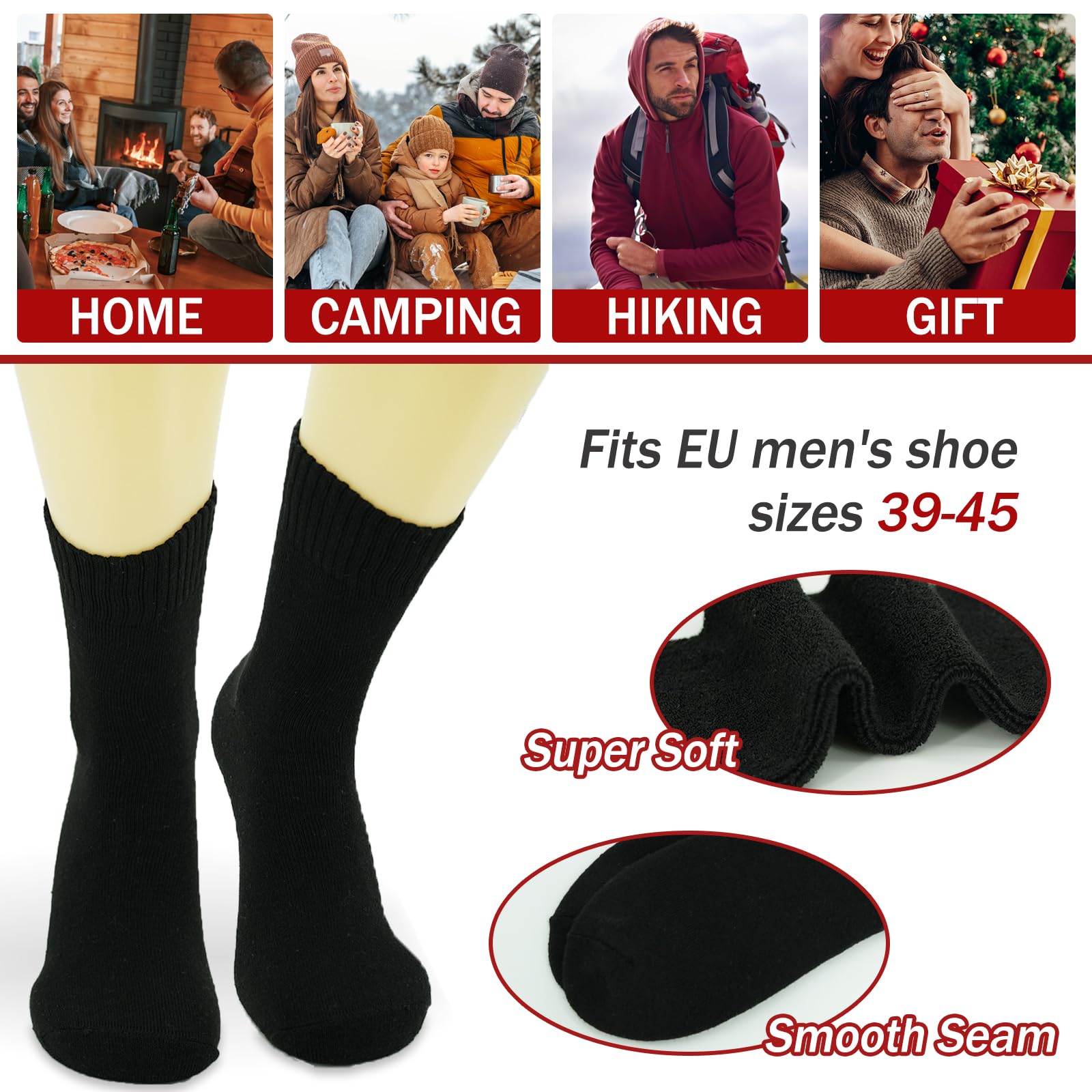 MOSOTECH Thermosocken Herren, 5 Paar Dicke Warme Socken Herren, Atmungsaktiv Schwarz Socken Wintersocken Wollsocken Wandersocken, EU Größe 39-45 6