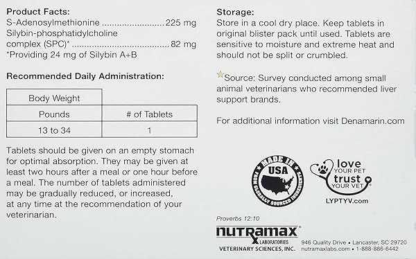 NUTRAMAX LABORATORIES DENAMARIN LIVER HEALTH SUPPLEMENT FOR MEDIUM DOGS – WITH S-ADENOSYLMETHIONINE (SAME) AND SILYBIN, 30 TABLETS