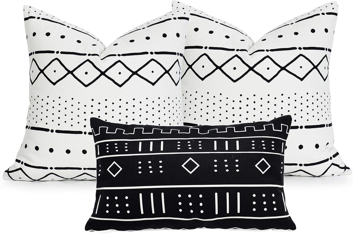 Hofdeco African Mudcloth Pillow Covers ONLY, Cotton Linen, White Black Dots Dashes, 18"x18" 12"x20", Set of 3