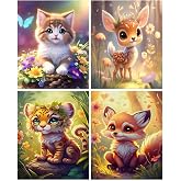 4 Pack Diamond Art Kits for Adults Animals Diamond Painting Kit 10 x 14 in | 5D Cute Animal Diamond Art Kit, DIY Round Full Drill Gem Art Diamonds Dots Kits for Home Decor Gift (Cat Fox Deer and Tiger)