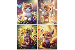 Meothan Diamond Art Kits for Adults - 4 Pack Animals Diamond Painting Kits for Adults, 5D Round Full Drill Gem Art Paint by Diamonds Pictures DIY Crafts Kits 9.8 x 13.8 inch (Cat Fox Deer and Tiger)