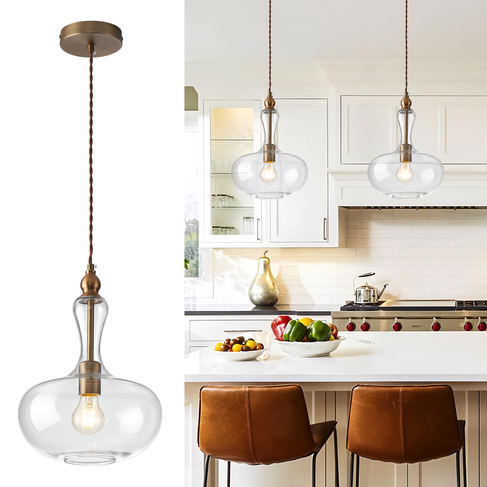 Photo 1 of BHBYEDYCK Vintage Glass Pendant Light Brass Kitchen Island Pendant Light with Clear Glass Shade for Dining Room Kitchen Entrance Stairs