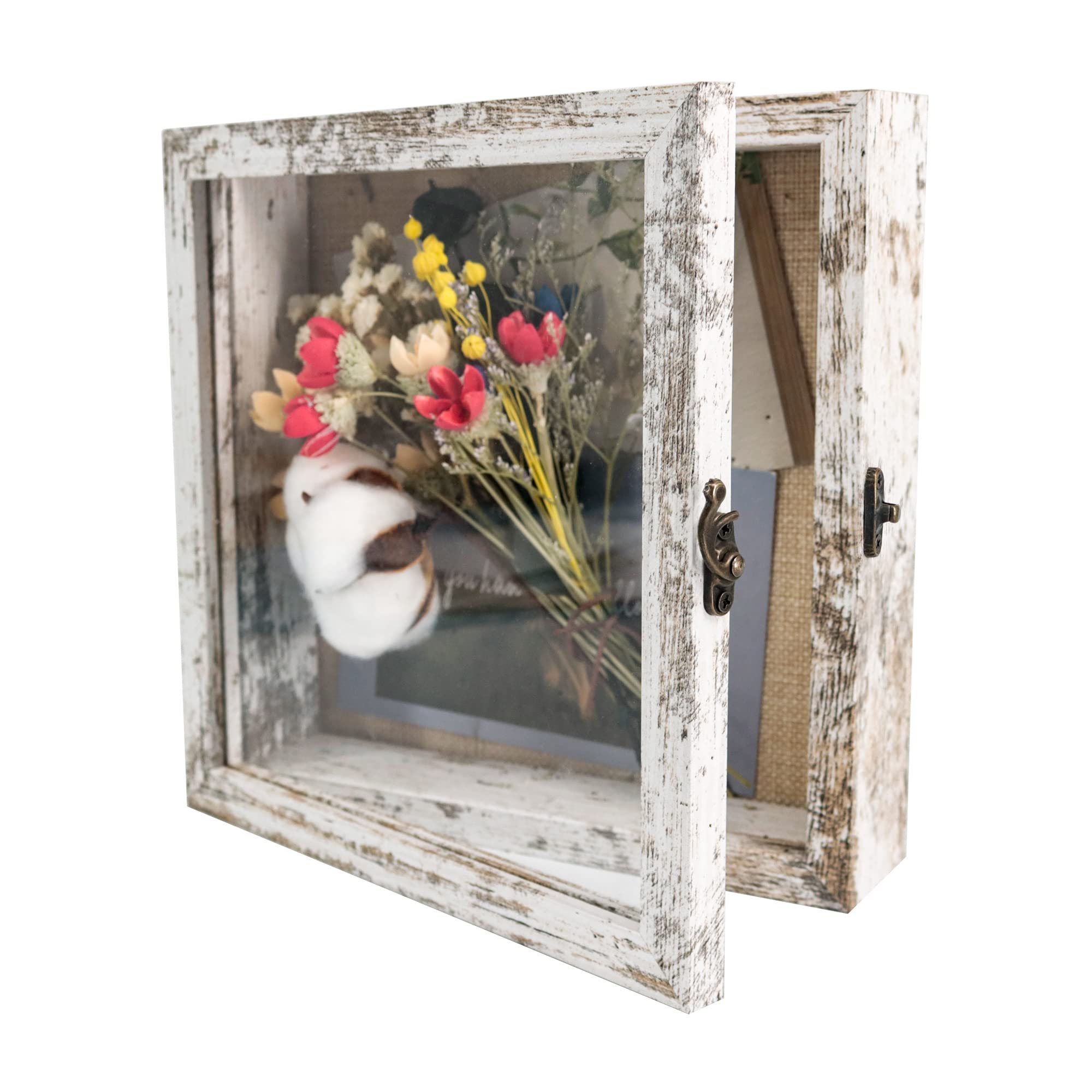 GraduationMall White 8"x8"(20x20cm) Shadow Box Frame Door Display Case with Linen Back,Wedding Memorabilia Bouquet Medals Photos Memory Box for Keepsakes