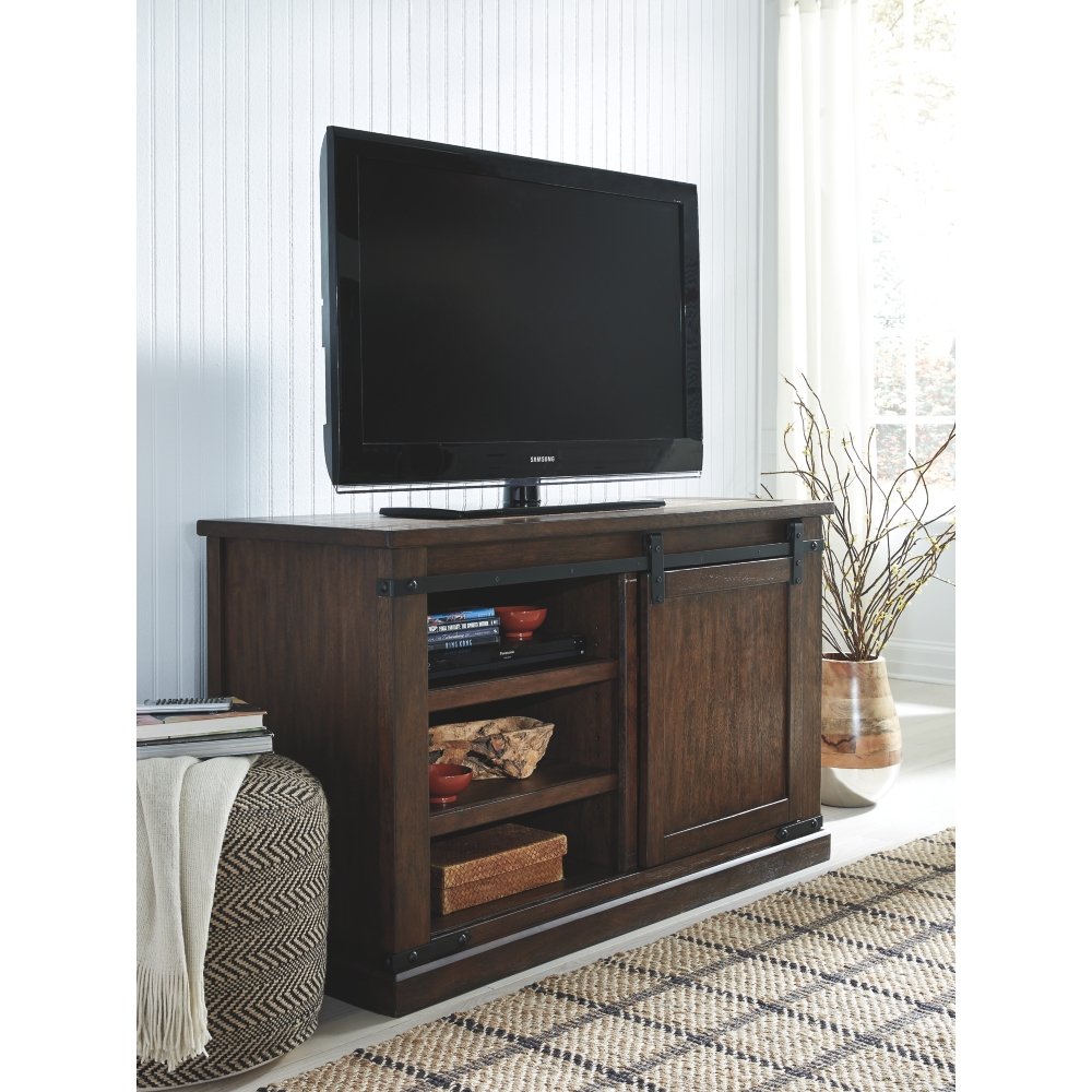 Ashley Furniture Signature Design - Budmore TV Stand - Sliding Barn Door - Rustic - Medium - Brown