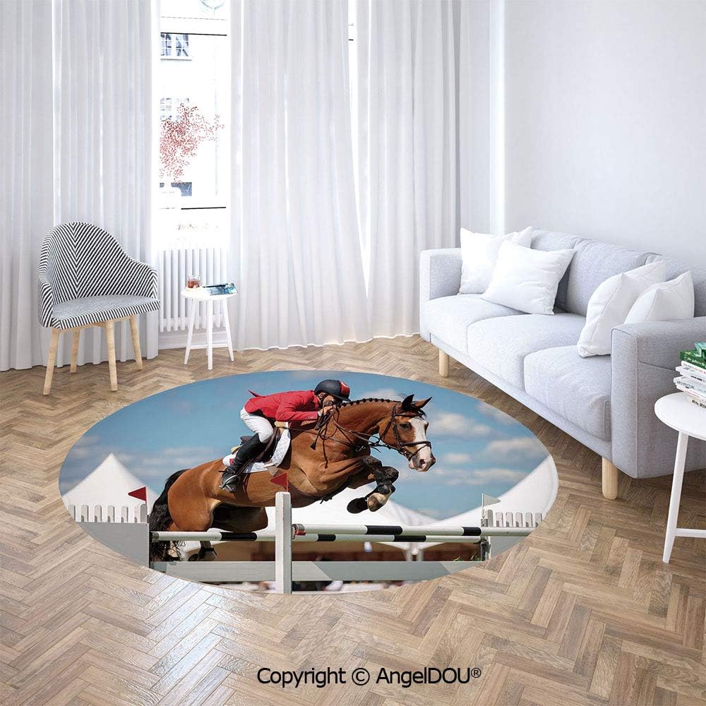 Homenon Area Rugs, Non-Slip Round Rug, Jumping Horse and Sportsman Race Competition Performance Success Winning Washable Living Room Bedroom Carpet for Kids Playmat Nursery Rugs (5'Diameter)