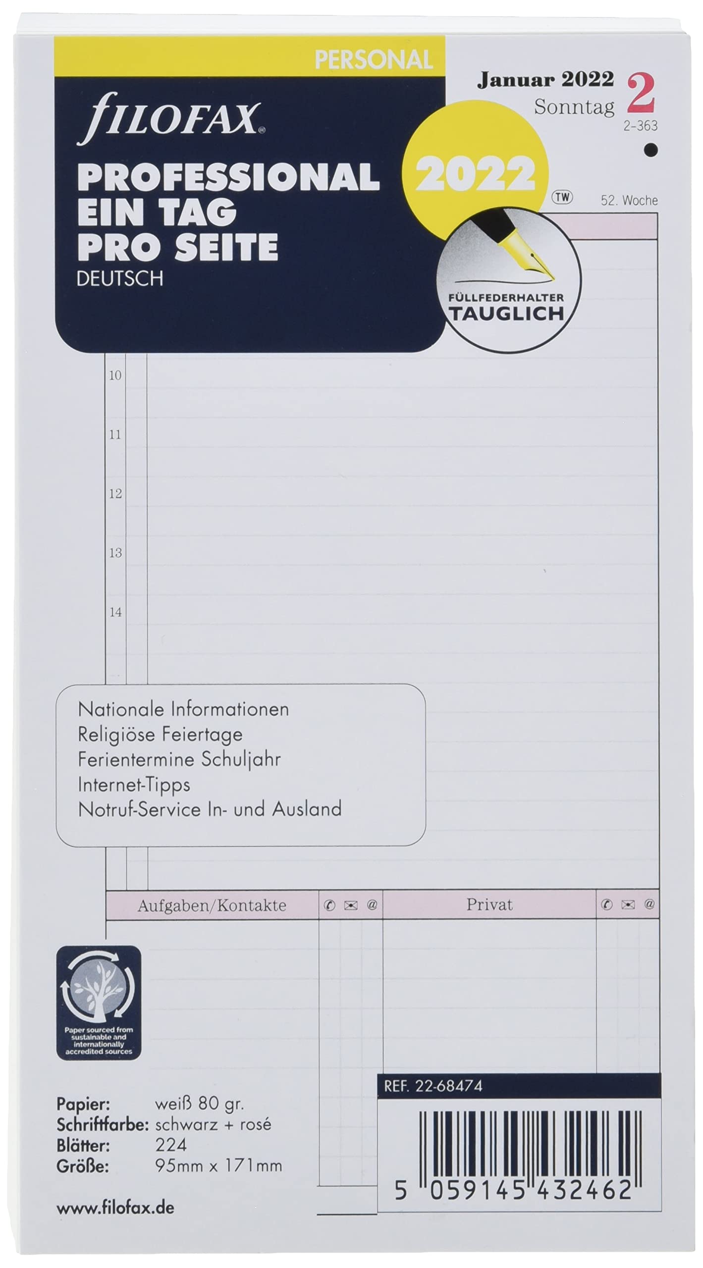 Filofax Personal Prof.1 Day per Page (German) 2022, 22-68474