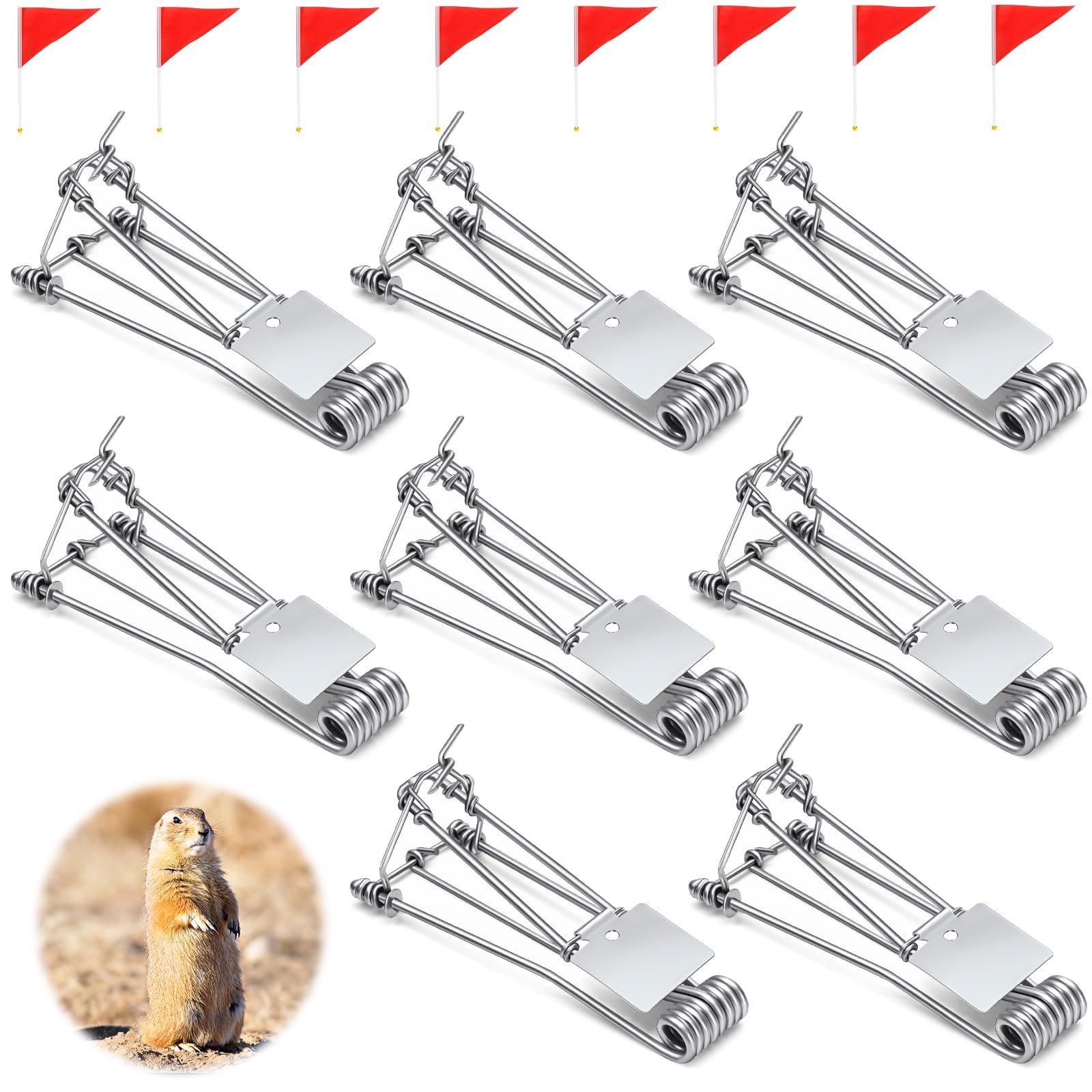 Photo 1 of Qualirey (8 Mole traps x 8 Red stick flags) pcs Mole Traps with Red Stick Flags Galvanized Easy Reusable Weather Resistant Outdoor Gopher Vole Trap for Lawn Yard Garden Total 16pcs