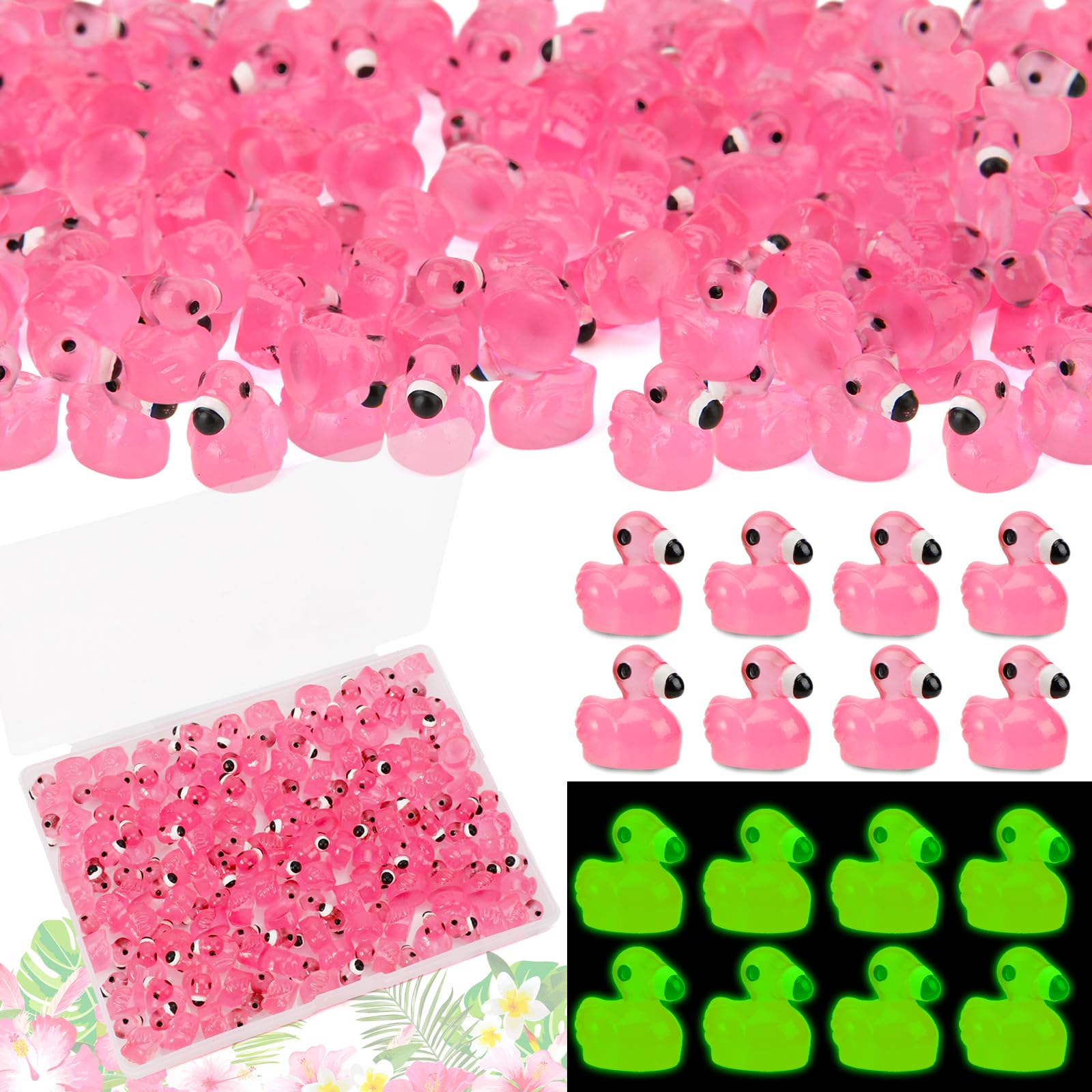 Photo 1 of 100 Pcs Luminous Mini Resin Flamingo Ducks, Tiny Ducks Figurines to Hide Miniature Pink Flamingo Glow in The Dark Small Animals for Micro Garden Cake Topper Landscape Aquarium Dollhouse Home Decor