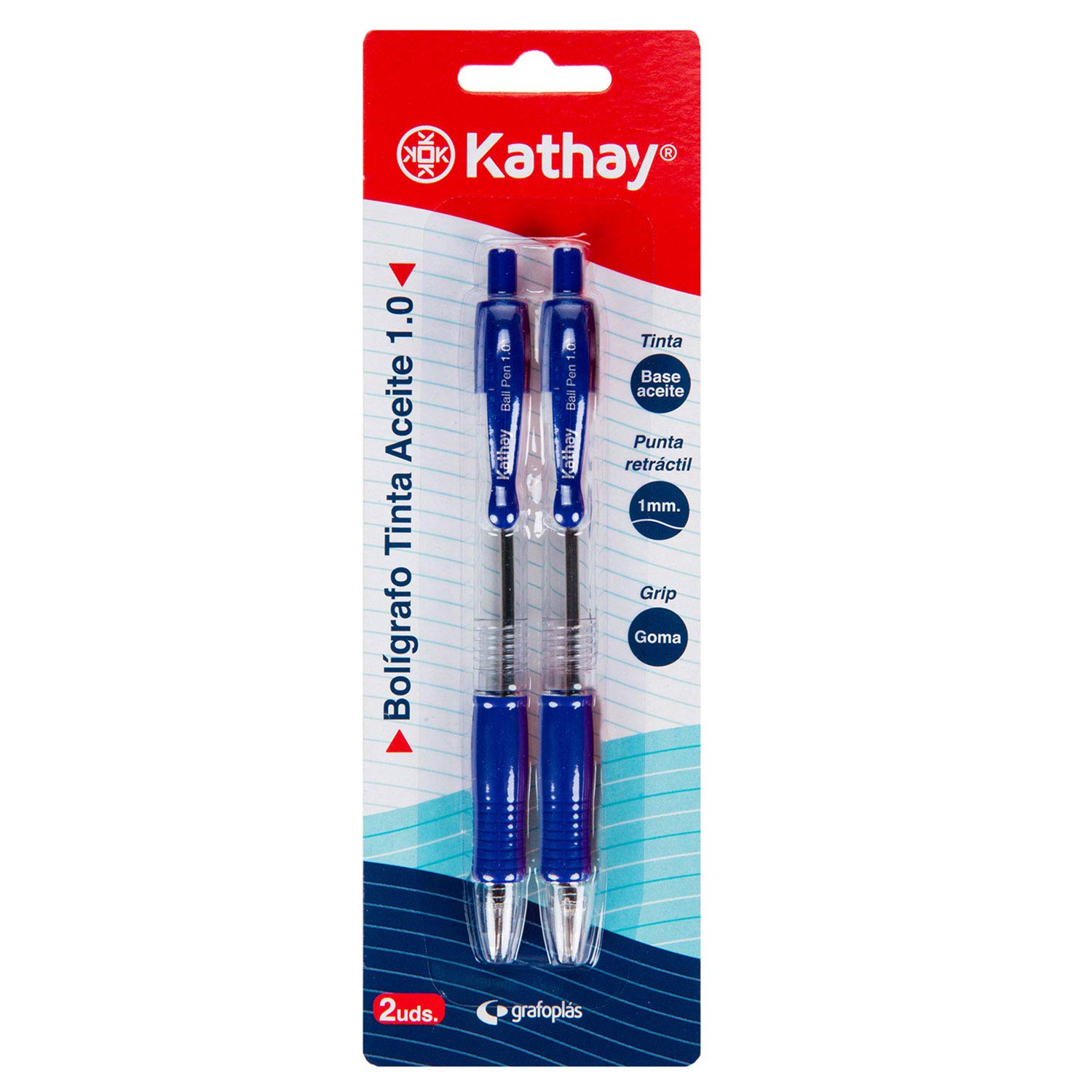 Kathay 86210330 Pack of 2 Click Pens, Blue Ink, Oil Based, 1 mm Tip, Perfect for your School Supplies and Office